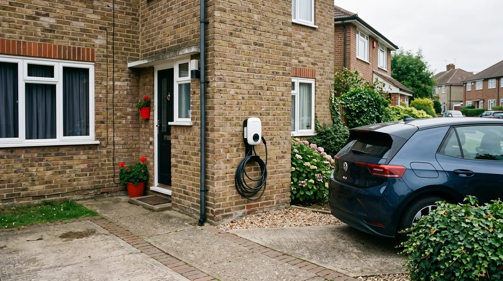 Wall-mounted EV chargepoint fitted to the outside of a brick house